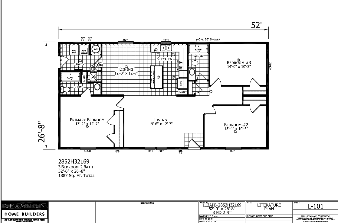 The Bayfield Multi-Section floor plan — 1387 sq ft, 3 bed, 2 bath