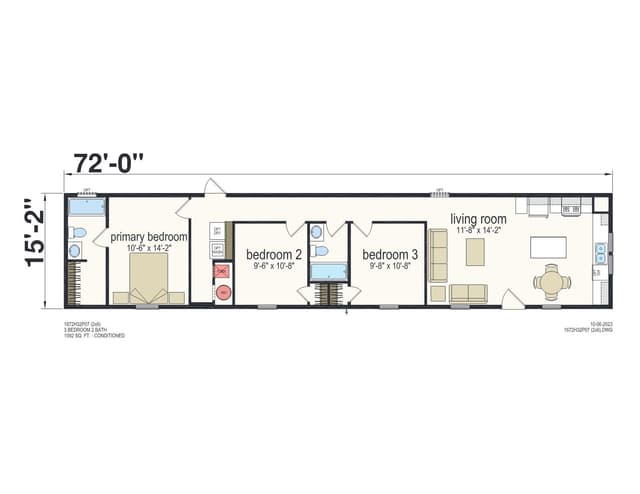 Prime 1672H32P07 (2x6 walls) β 3 bed 2 bath manufactured home floor plan