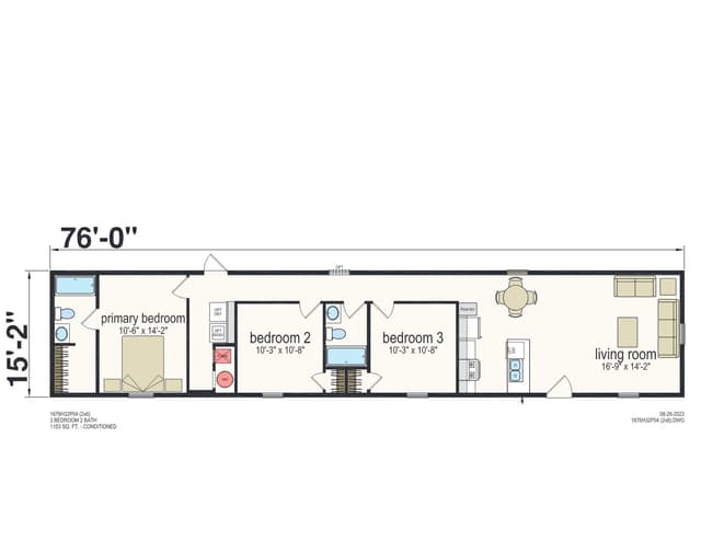 Prime 1676H32P04 (2x6 walls) β 3 bed 2 bath manufactured home floor plan