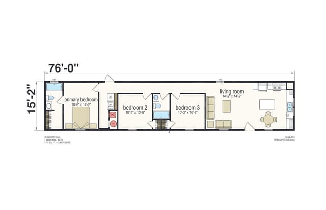 Prime 1676H32P07 (2x6 walls) β 3 bed 2 bath manufactured home floor plan