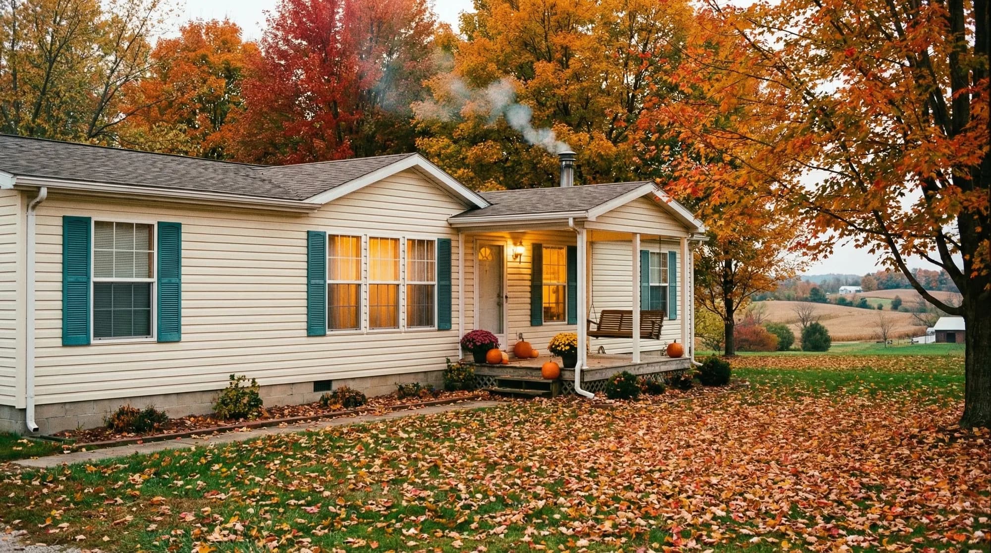 Modern manufactured home with autumn landscaping