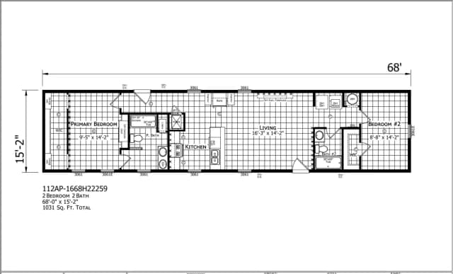 1668H22259 β 2 bed 2 bath manufactured home floor plan