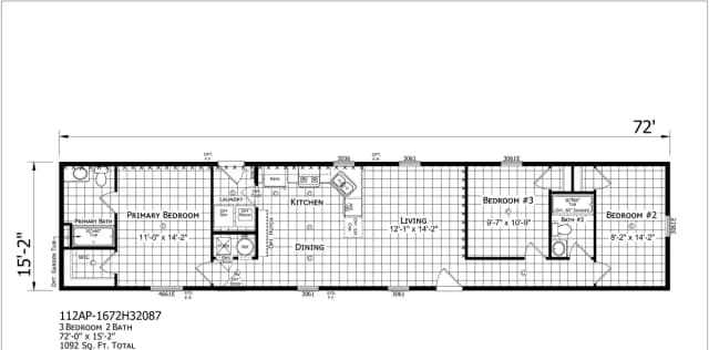 1672H32087 β 3 bed 2 bath manufactured home floor plan