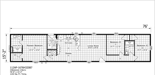 1676H32087 β 3 bed 2 bath manufactured home floor plan