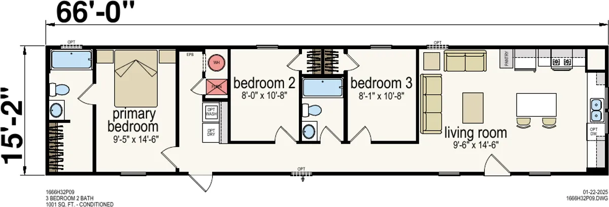 Pendleton β 3 bed 2 bath manufactured home floor plan