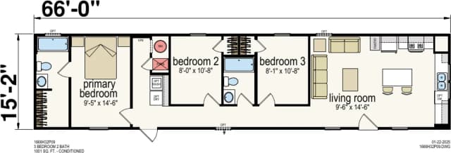 Pendleton β 3 bed 2 bath manufactured home floor plan