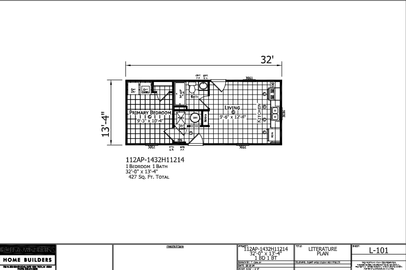 Paramount 1432H11214 β 1 bed 1 bath manufactured home floor plan