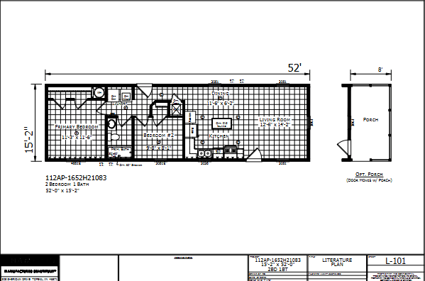 Paramount 1652H21083 β 2 bed 1 bath manufactured home floor plan