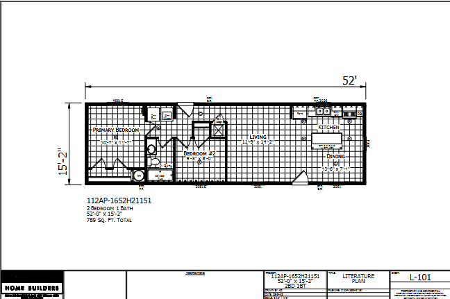 Paramount 1652H21151 β 2 bed 1 bath manufactured home floor plan