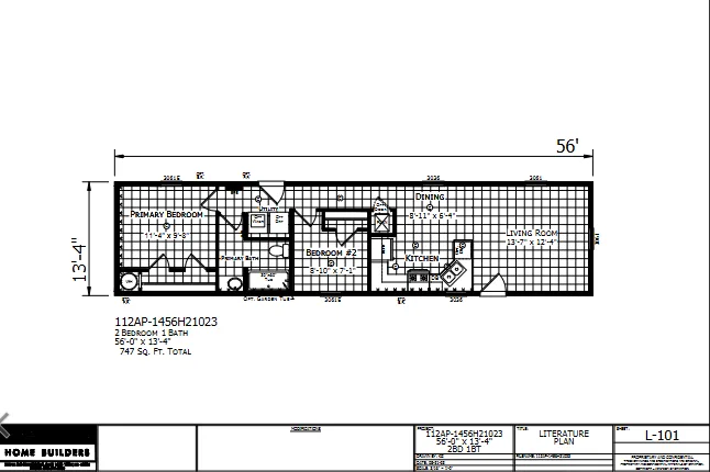 1456H21023 β 2 bed 1 bath manufactured home floor plan