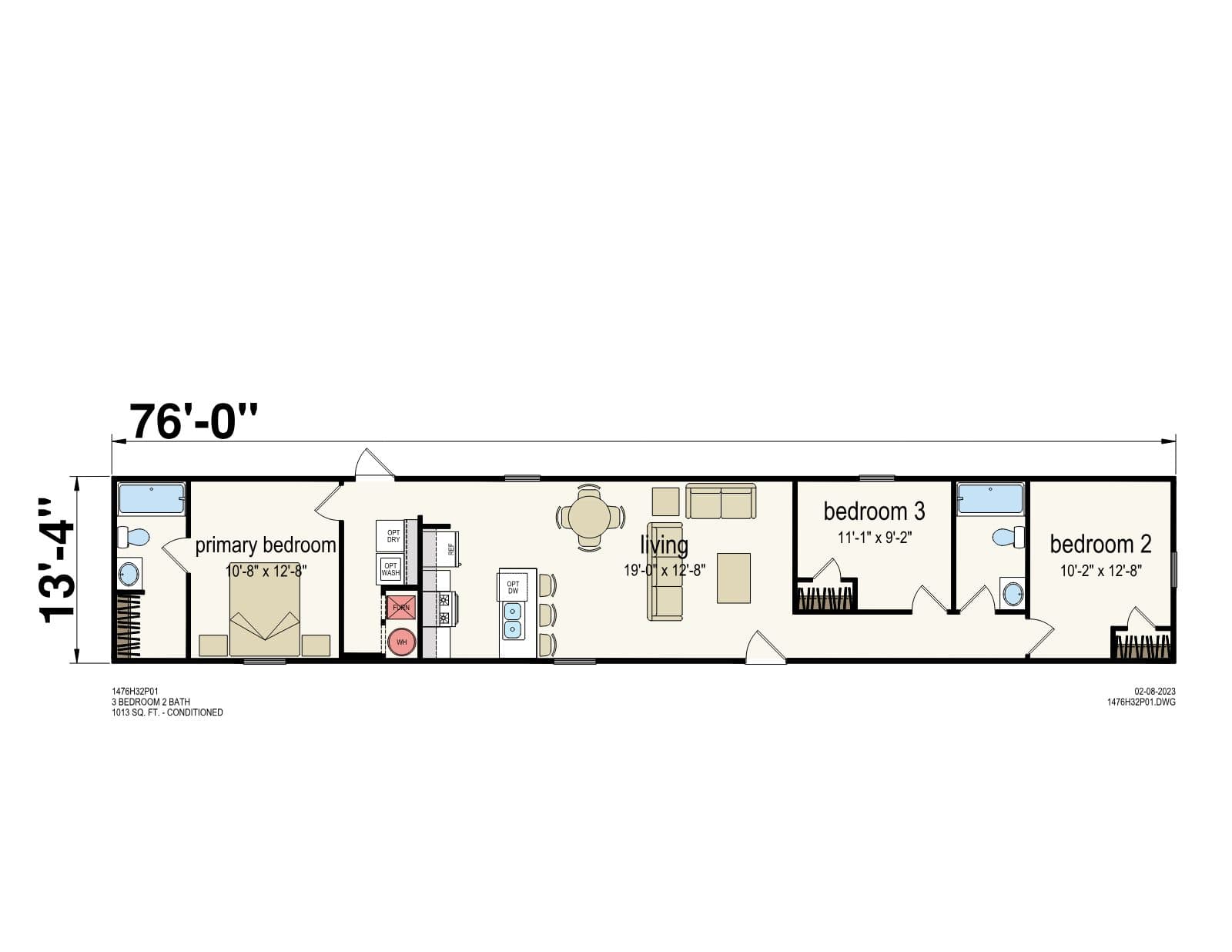 Prime 1476H32P01 β 3 bed 2 bath manufactured home floor plan