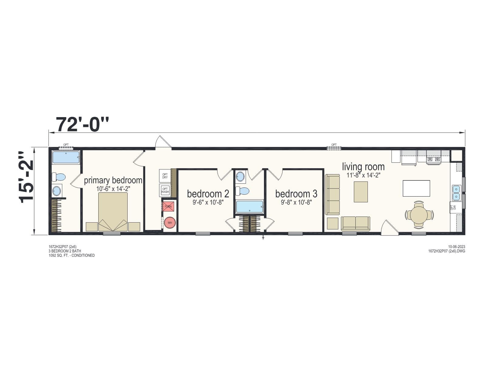 Prime 1672H32P07 (2x6 walls) β 3 bed 2 bath manufactured home floor plan