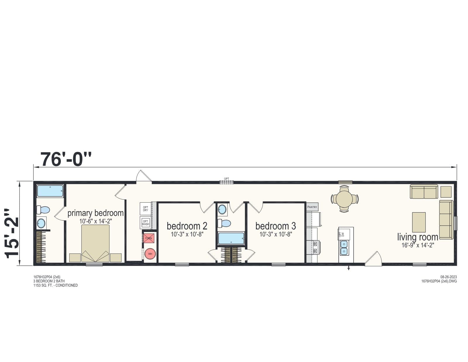 Prime 1676H32P04 (2x6 walls) β 3 bed 2 bath manufactured home floor plan
