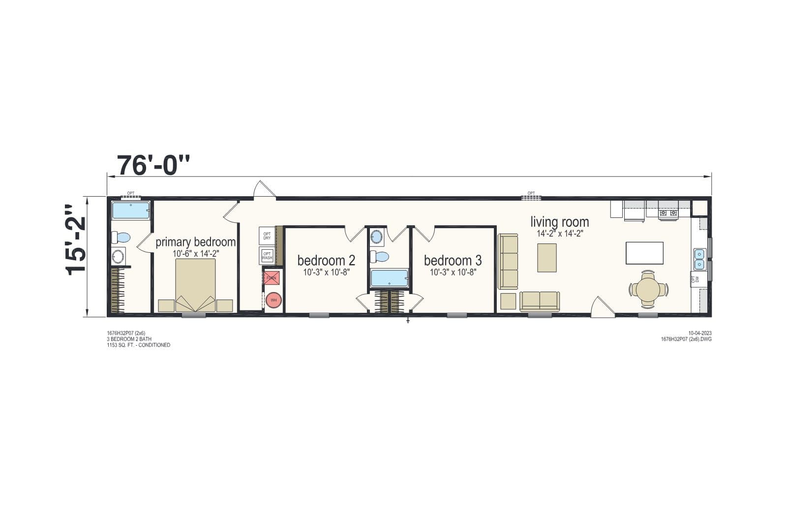Prime 1676H32P07 (2x6 walls) β 3 bed 2 bath manufactured home floor plan