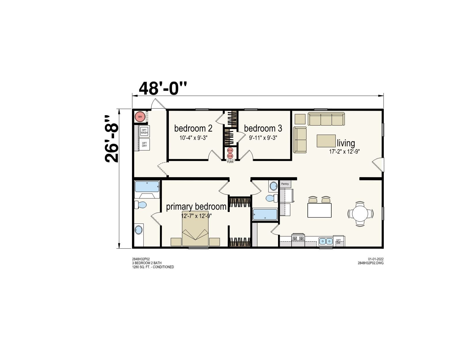 Prime 2848H32P02 β 3 bed 2 bath manufactured home floor plan